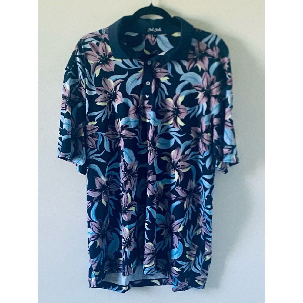 Bad Birdie 2XL Navy Polo w/ Pink & Light Blue Floral Print, Golf, Bold, Athletic